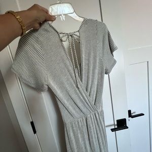 Caution to the wind, size small, jumpsuit, grey and white pinstripe